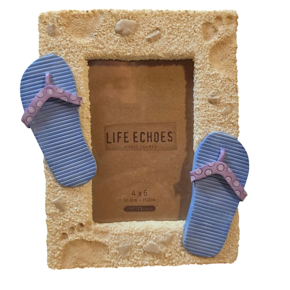Vintage United Design Life Echoes 4x6 Beach Photo Frame Flip Flops Sand Resin